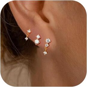 Dainty Gold Earrings for Women 14k Gold Plated Stackable Huggie Earrings Set Hypoallergenic Cartilage Stud Earrings Stacks Trendy 3 Hole Earring Sets for Multiple Piercing