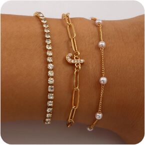 Gold Created Pearl Initial Bracelet for Women Dainty Gold Plated Pearl Letter Tennis Bracelets Set for Women Personalized Jewelry Set Trendy Gifts
