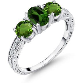 Gem Stone King 925 Sterling Silver Green Chrome Diopside 3-Stone Engagement Ring For Women (1.82 Cttw, Available 5,6,7,8,9)