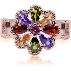 Savlano 14K Gold Plated Cubic Zirconia Multicolor Rainbow Flower Ring for Women