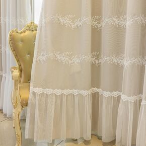 Luxury Double Layer Curtains for Living Room Bedroom Grommet European Syle Beaded Embroidery Double Layer Blackout Curtains with Valances for Window 1 Panel (W42 L84 inch,Beige)