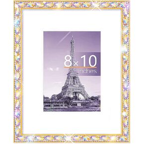 8x10 Bling Picture Frame, Display Pictures 5x7 with Mat or 8x10 Without Mat, Wall Hanging Glitter Diamond Photo Frame With Sparkle Rhinestone, Horizontally or Vertically 1 Pack，gold