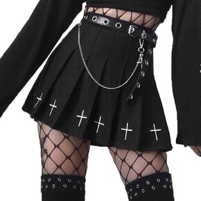 AULKEEP Womens Black Mini Pleated Skirts Goth High Waist A Line Punk Skirt School Uniform Short Skirts with Belt