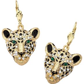 PalmBeach Goldtone Round Crystal Green Leopard Face Drop Earrings (28x24.5mm)