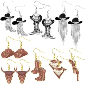 8 Pairs Cowgirl Western Country Concert Earrings Rhinestone Enamel Rodeo Cowboy Boot Earrings Tassel Cowboy Hat Dangle Earrings for Women Trendy