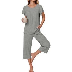 Ekouaer Pajamas for Women Set Ribbed Knit Lounge Set Short Sleeve Pjs Top and Capri Pants Soft Sleepwear