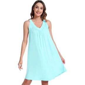 NACHILA Women's Nightgowns-Viscose Made from Bamboo, Sleeveless Sleepwear Racerback Sleep Shirt Pleated V Neck Night Dress