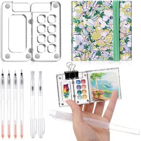 Chiisong 12 Pcs Mini Portable Watercolor Palette Set Including Acrylic 8 Grid Paint Box Watercolor Paper Pad Sketchbook 6 Paint Brushes 4 Binder Clips for Painters Artists Students(Summer Flowers)