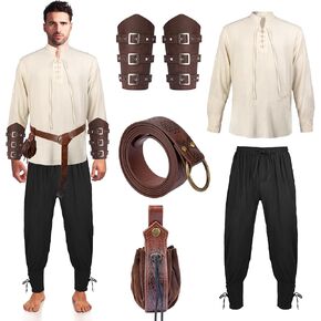 5 Pcs Renaissance Costume Men Medieval Pirate Cosplay Costume Viking Outfit Shirt Pants with Belts for Halloween in Saudi Arabia