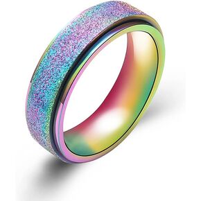 COLORFUL BLING Spinner Ring for Women Men Anxiety Relief 6MM Stainless Steel Gold Silver Black Rainbow Sand Blast Finish Fidget Ring Band Wedding Pormise Jewelry