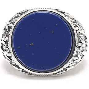 925 Sterling Silver Lapis Lazuli Turkish Ring Men Lagre Round Natural Gemstone Chunky Statement Rings Tree Branches Engraved Handmade Biker Jewelry Gift