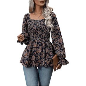 SOLY HUX Women's Floral Print Blouse Square Neck Flounce Long Sleeve Shirred Peplum Ruffle Hem Tops