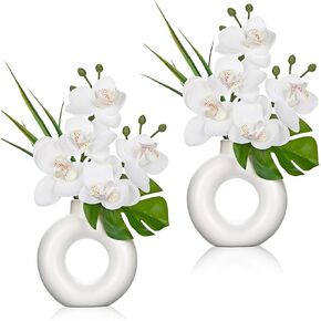 Briful 2PCS Magnolia Artificial Flowers with Black Vase White Magnolia Floral Arrangement Faux Potted Silk Flowers for Home Office Bathroom Kitchen Shelf Table Centerpiece Modern Decor