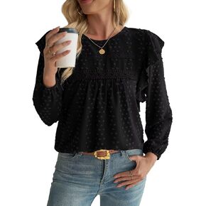 Womens Long Sleeve Tops Ruffle Swiss Dot Boho Crochet Loose Fit Flowy 2025 Fall Blouses Tunic Dressy Casual Shirts