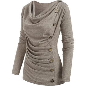 DRESSFO 2024 Women's Long Sleeve Tops Ruched Crew Neck Mock Buttons Side Shirts Blouse