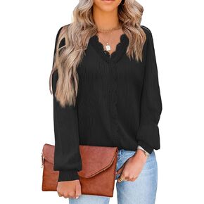 JUSTFASHIONNOW Blouses for Women Dressy Casual Lace V Neck Business Casual Work Tops Womens Long Sleeve Shirts Trendy Outfits