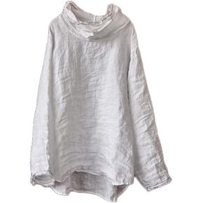 NFYM Womens Long Sleeve Linen Peasant Tops High Low Mock Turtleneck Handmade Stitch Casual Loose Shirts