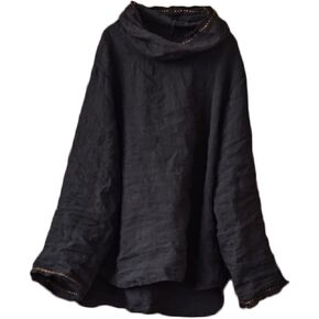 NFYM Womens Long Sleeve Linen Peasant Tops High Low Mock Turtleneck Handmade Stitch Casual Loose Shirts