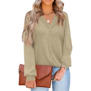 JUSTFASHIONNOW بلوزات نسائية كاجوال دانتيل رقبة على شكل V ملابس عمل غير رسمية قمصان نسائية بأكمام طويلة ملابس عصرية