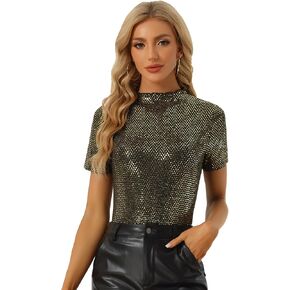 Allegra K Sequin Top for Women's Short Sleeve Mock Neck Sparkly Party Tops