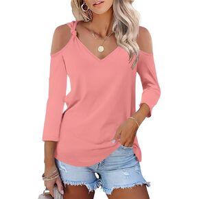 Cold Shoulder Tops for Women 3/4 Sleeve Shirts V Neck Business Casual Trendy Summer Tops Blouse