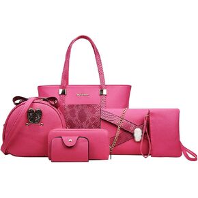 Women 6 Pcs Bag Set Stitching Handbag and Purse PU Top-handle Bag Tote Clutch Wallet Card Holder