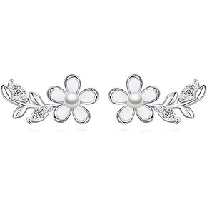 Reffeer Solid 925 Sterling Silver Flower Stud Earrings for Women Teens CZ Leaf Post Stud Earrings Pearl Flower Studs