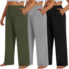 3 Pack Plus Size Pants for Women Wide Leg Casual Pant Drawstring Stretchy Waist Fit Trousers with Pockets