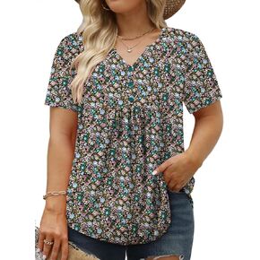 VISLILY Women's Plus-Size-Summer-Tops Trendy Henley V Neck T-Shirts Flowy Pleated Tunics Short Sleeve Buttons Up Blouses
