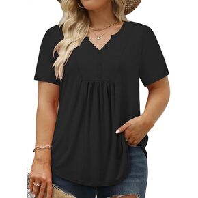VISLILY Women's Plus-Size-Summer-Tops Trendy Henley V Neck T-Shirts Flowy Pleated Tunics Short Sleeve Buttons Up Blouses in Kuwait