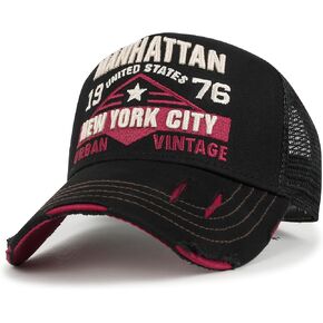 ililily Premium Manhattan Wide Embroidery Trucker Hat Vintage Baseball Cap