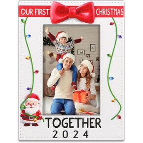 PETCEE Leather Christmas Picture Frame - Our First Christmas Picture Frame White Christmas Together 2024 Photo Frame 4x6 Nice Gift for Newlyweds Couples Family Wedding