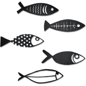 Rajukit 5 Pcs Metal Fish Nautical Beach Wall Decor Hanging Fish Wall Sculpture Decor Lake House Ocean Decor Vintage Fish Ornaments for Home Bathroom Bedroom Kid's Room