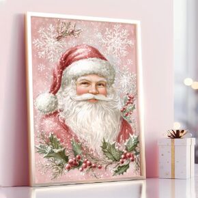 Vintage Santa Claus Wall Art Pink Christmas Painting Aesthetic Xmas Posters Home Merry Christmas Canvas Wall Art Santa Claus Prints Cute Christmas Prints Preppy Christmas Pictures Wall Decor Unframed