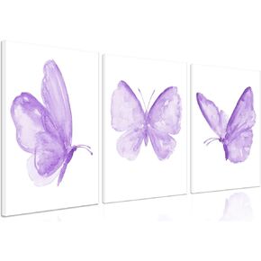 Framed Butterfly Wall Decor Paintings Set of 3 - Purple Butterfly Wall Art Canvas Prints, Cute Purple Room Decor for Girls Bedroom Nursery Home Decor 12x16 Inches
