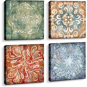 Pinetree Art Boho Flower Canvas Wall Art for Bedroom Modern Home Vintage Abstract Floral Print Artwork for Living Room Bathroom Wall Decor (Vintage Flowers, 12" x 12" x4)