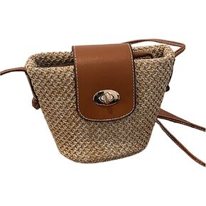 MakeMeChic Women's Straw Bucket Bag Mini Twist Lock Single Strap Beach Bags Crossbody Handbag