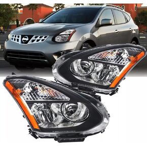 2pcs Headlights Assembly OE Style For 2008 2009 2010 2011 2012 2013 Nissan Rogue S SL SV Krom/2014 2015 Nissan Rogue Select S Replacement Halogen Headlamps Chrome Housing Amber Reflector