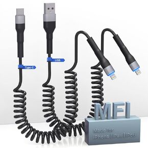 USB to USB-C and Lightning Cable Combo 2 in 1 Coiled Cable Apple Carplay & Android Auto Compatible [MFi& 3A Fast Charge& Data Sync] Coiled Lightning and USB C Cable for iPhone 15/14/13/12/Android,Pink