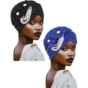 Woeoe Pearl Flower Turban Black Pre-Tied African Head Wraps Church African Hats for Women and Girls