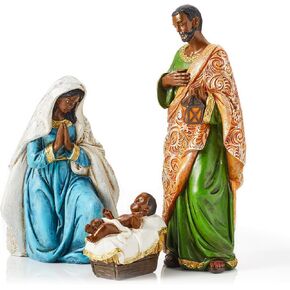 Black Nativity Set - Miniature Tabletop Holy Family Christmas Figurines - Set of 3 Hand Painted Polyresin Figurines - Mary, Joseph, and Baby Jesus in Manger