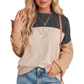 ATHMILE Womens Long Sleeve Color Block Sweatshirt Fall 2024 Casual Oversized Knitted Crewneck Pullover Shirts
