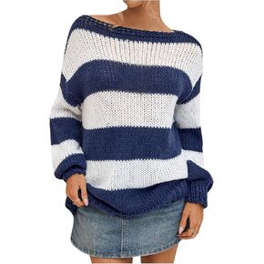 MakeMeChic Women's Striped Sweaters Boat Neck Long Sleeve Loose Fit Knitted Pullover Tops