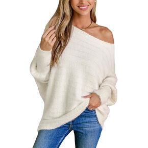 CUPSHE Womens Off The Shoulder Sweater Fall 2024 Fuzzy Knit Long Sleeve Oversized Pullover Top