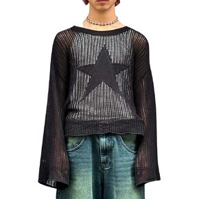 Pooyikoi Women Y2K Star Crochet Knit Crop Tops Long Sleeve Hollow Out Tshirts Sweater Pullover Cover Up Streetwear