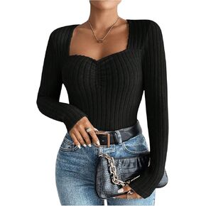 Women's Long Sleeve Sweetheart Neck T Shirt Ribbed Knit Slim Fit Tee Tops