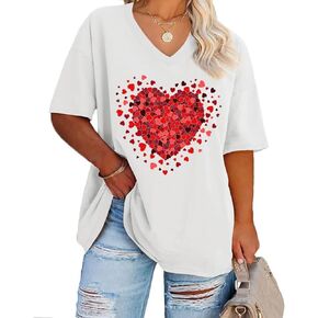 QIANRUO Plus Size Valentine's Day Shirt Women Retro Lover Heart Graphic Tees Casual Short Sleeve V-Neck Tops Blouse