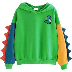 Casual Loose Color Block Long Sleeve Dinosaur Hoodies Pullover Tops Hooded Sweatshirt
