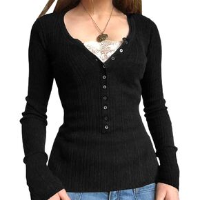 Long Sleeve Grunge Tees Shirts for Women Lace Patchwork Gothic Y2K Tops Fairycore Vintage Slim Fit E Girl T Shirts