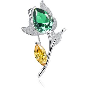 Cowlyn Flowers Brooch Pin for Women 925 Sterling Silver Green Synthetic Gem Yellow Leaves Cubic Zirconia Fashion Wedding Bridal Scarf Bride Jewelry Gifts